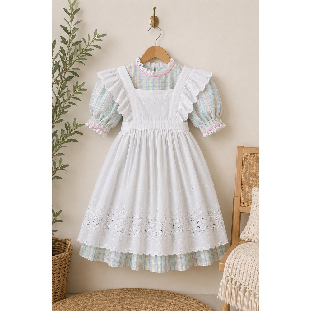 Handmade Prairie Dress Eyelet Apron Pastel Plaid Pioneer Little House Vintage